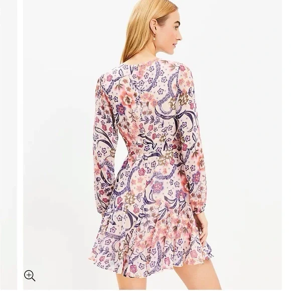LOFT Floral Puff Sleeve Mini Flare Dress size 12 - Picture 2 of 11
